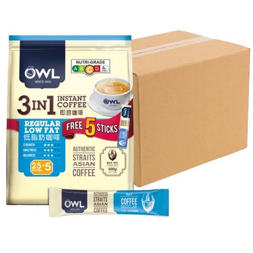 Owl 3-in-1 Instant Coffee Regular Low Fat ( 20 Packs, 25+5 Sachets Each )