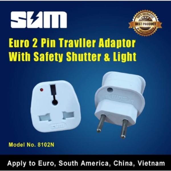 SUM 2-Pin Travel Adapter with Safety Shutter & Light - 8102N  ( Euro, South America, China, Vietnam )