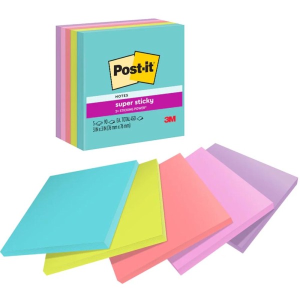 3M Post-it Super Sticky Notes 654-5SSMIA (3" x 3") Miami Collection