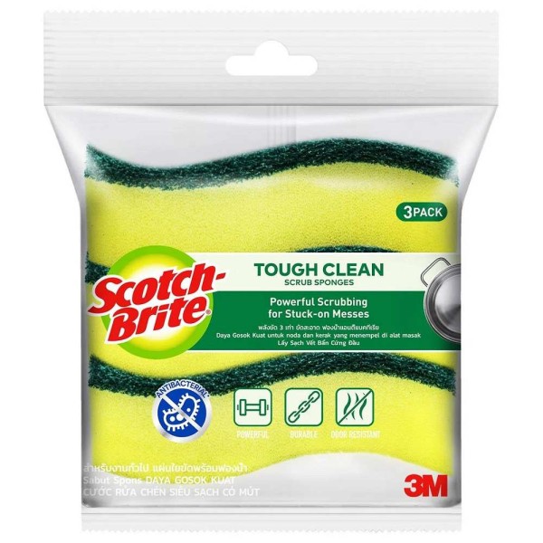 3M Scotch-Brite Antibacterial Tough Clean Scrub Sponge 3'S
