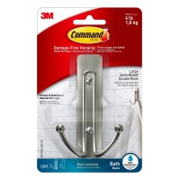 3M Command BATH36-SN-ES Damage-Free Hanging Bath Satin Nickel Rust Resistant Double Wire Hook w/Water Resistant Strips Large 1.8kg