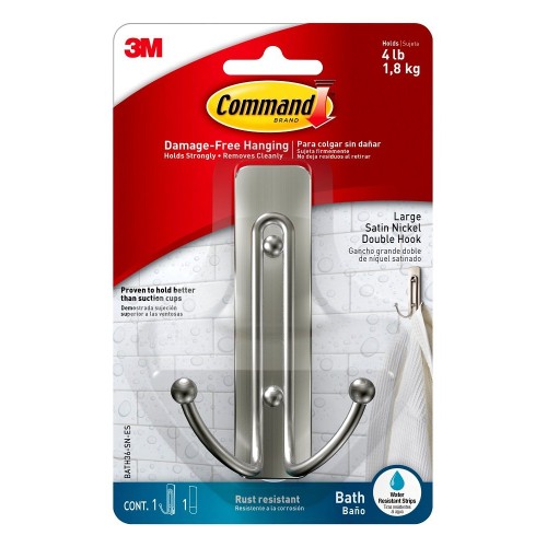 3M Command BATH36-SN-ES Damage-Free Hanging Bath Satin Nickel Rust Resistant Double Wire Hook w/Water Resistant Strips Large 1.8kg