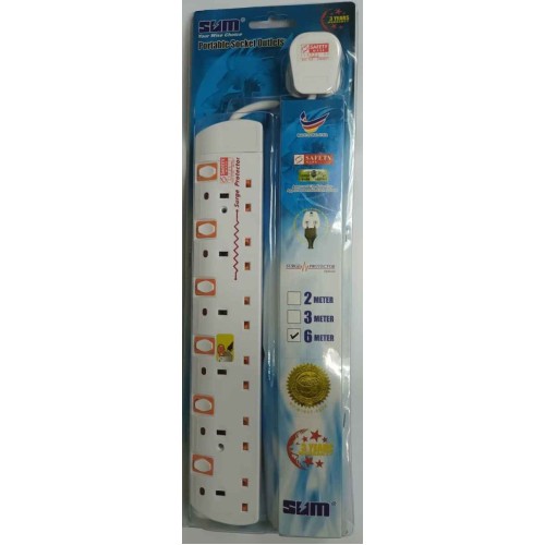 SUM 6-Way Portable Extension Socket Cable 6.0m with Neon and Surge Protector