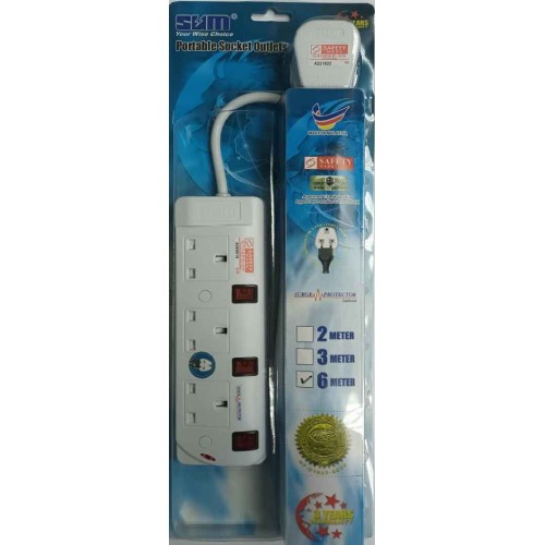 SUM 3-Way Portable Extension Socket Cable 6.0m with Neon and Surge Protector