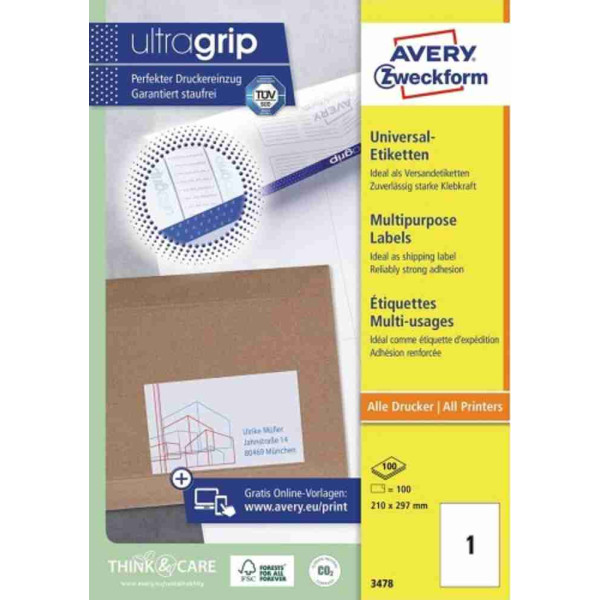 Avery Permanent Labels 100'S A4 (210 x 297mm)