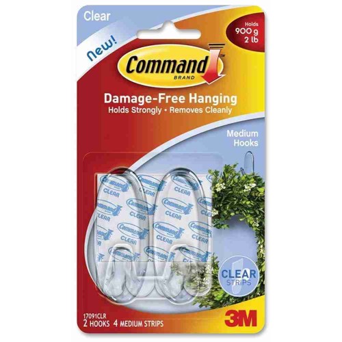 3M Command 17091CLR Damage-Free Hanging Clear Hook Medium 2’S 900g