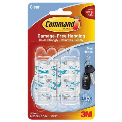 3M Command 17006CLR Damage-Free Hanging Clear Hook Mini 6'S 225g