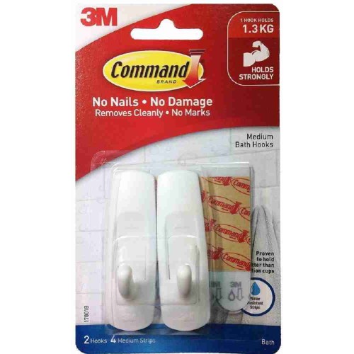 3M Command 17001B Damage-Free Hanging Bathroom Hook w/Water Resistant Strips Medium 2’S 1.3kg