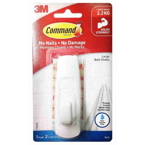 3M Command 17003B Damage-Free Hanging Bathroom Hook w/Water Resistant Strips Large 2.2kg