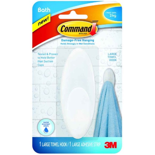 3M Command BATH17-ES Damage-Free Hanging Bathroom Towel Hook w/Water Resistant Strip Large 2kg