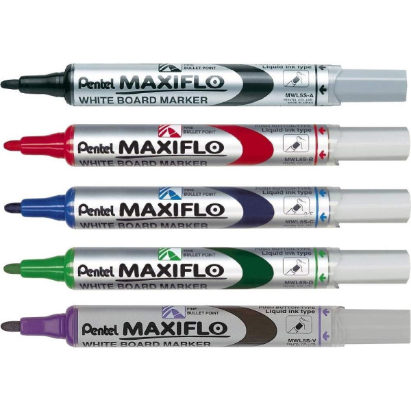 Pentel YMW85/4-mix Pennarelli Per Lavagna Cancellabile A Secco - 4 Colori (Nero, Blu, Rosso), Punta Media 4,2 Mm, Tappo Anti-Rotolo